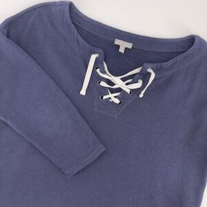 T by Talbots‎ Women's Blue Cotton Lace-Up 3/4 Sleeve Pullover Top